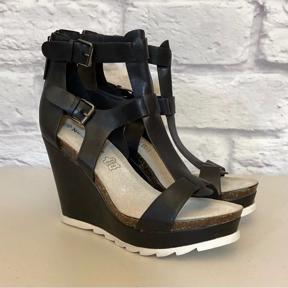 Nature Breeze 8.5 Gladiator Black Wedge Leather Sandals Women’s Cork Shoes